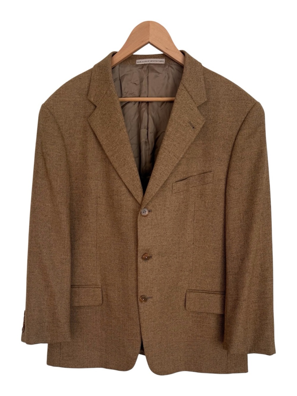 Wool Cashmere Blend Tan Herringbone Textured Men’s Blazer Size 42S Preppy NWOT